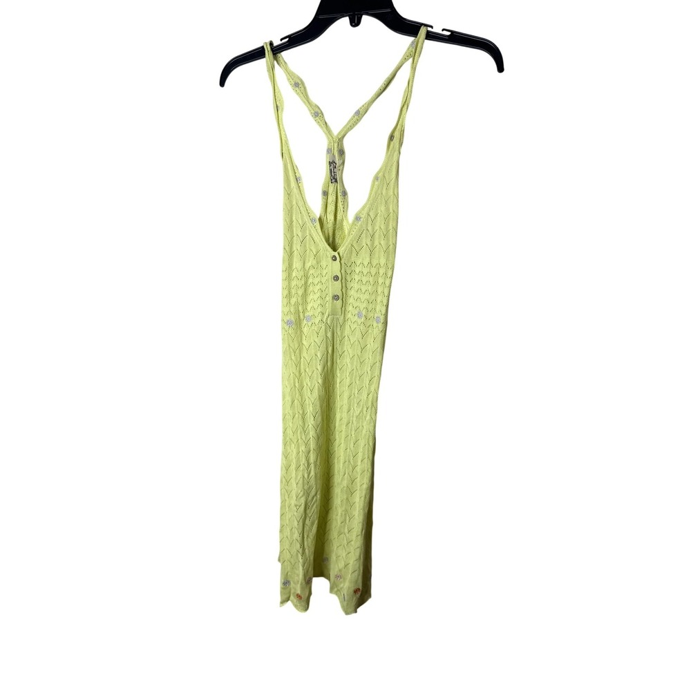 Free People Dress Womens XS Yellow Knit Floral Slip Mini‎ Strappy Embroidered